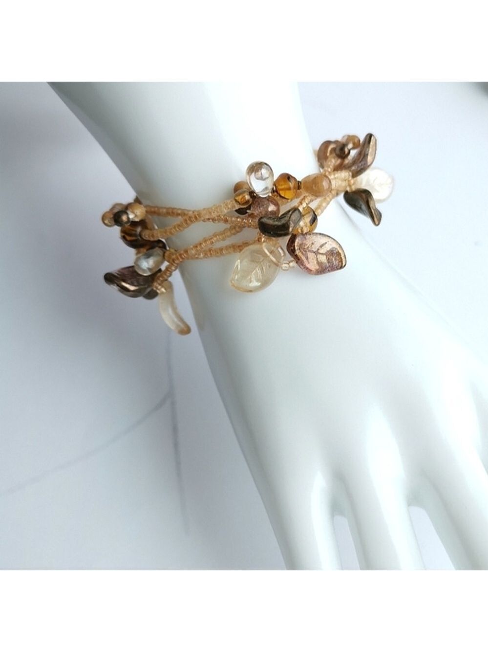 Vintage Czech  hand made beaded Amber Brown leaves bracelet
